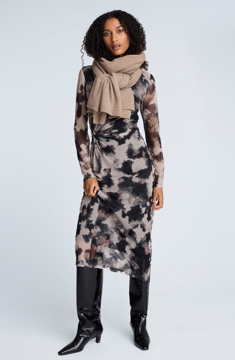 Kenneth Cole Knot Waist Long Sleeve Mesh Dress, Alternate, color, Black Multi