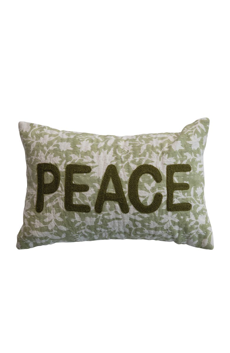 Storied Home Charming Cotton and Linen Block Printed Lumbar Pillow with Flowers and Kantha Stitch, Green and Natural, Main, color, 