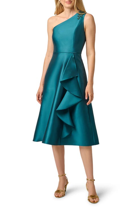 Embellished One-Shoulder Mikado Cocktail Dress