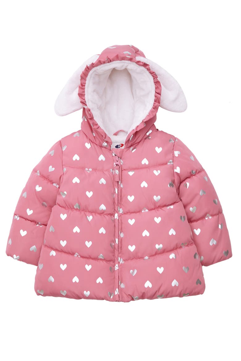 Soft Fleece Lined Bunny Puffer Jacket, Main, color, Pink Coral/Heart Foil Print