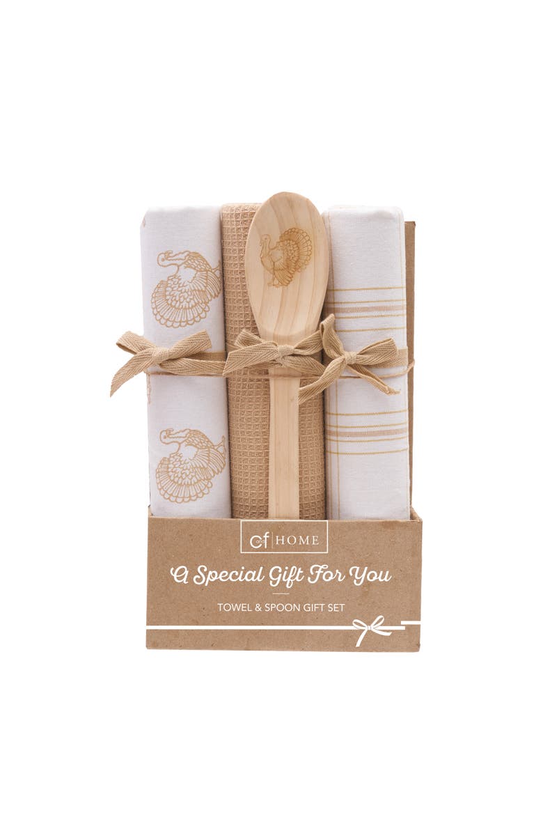Turkey Time & Plaid Dishtowel & Spoon Gift Bundle Set of 4, Main, color, Beige