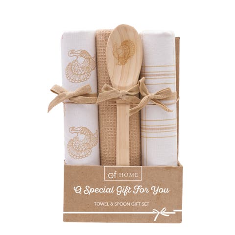 Turkey Time & Plaid Dishtowel & Spoon Gift Bundle Set of 4