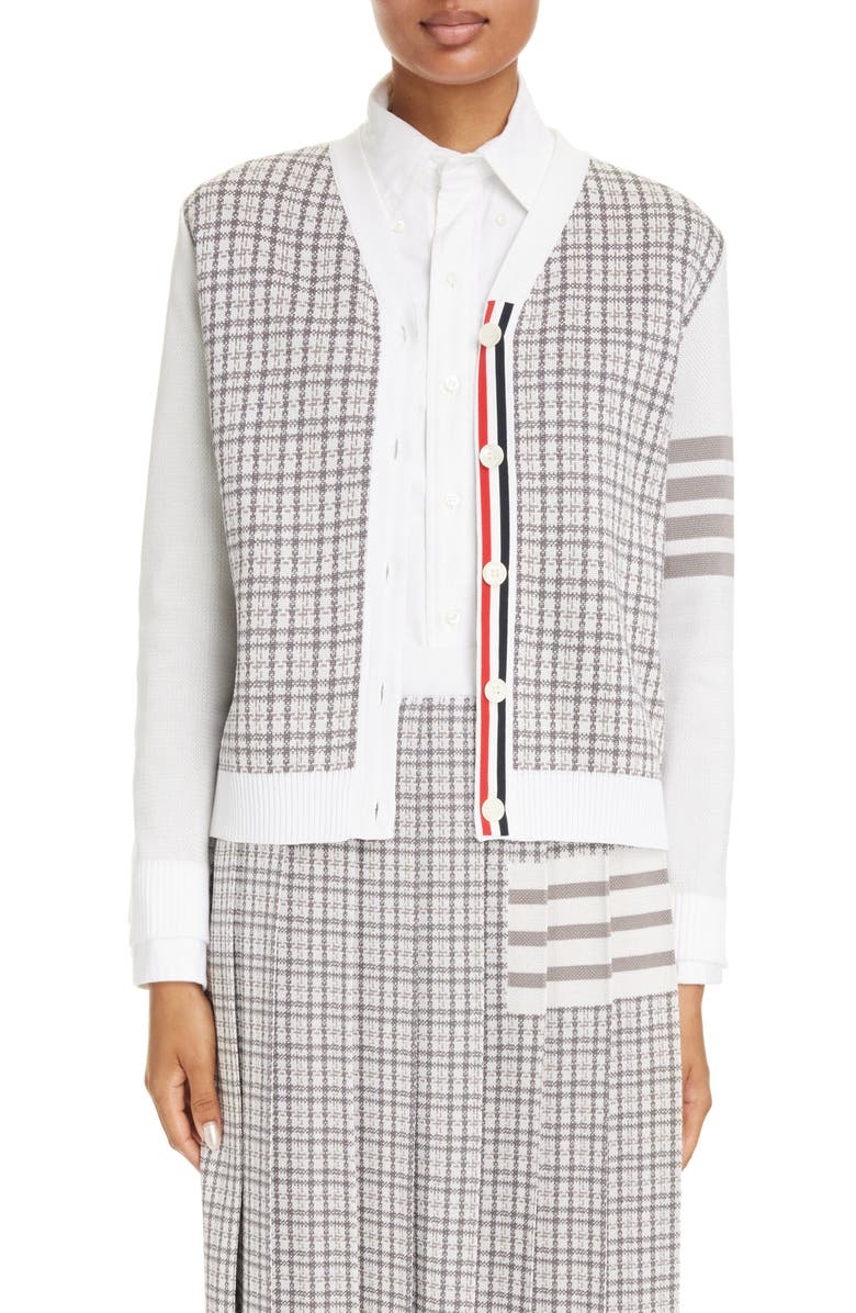 Thom Browne Small Check V-Neck Silk & Cotton Cardigan, Main, color, 
