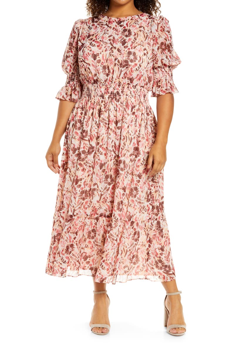 Floral Smock Midi Dress, Main, color, SOFT PEACH/ LIGHT BURGUNDY