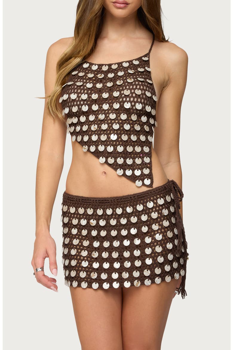 Alora Paillette Open Stitch Asymmetric Crop Top, Main, color, BROWN