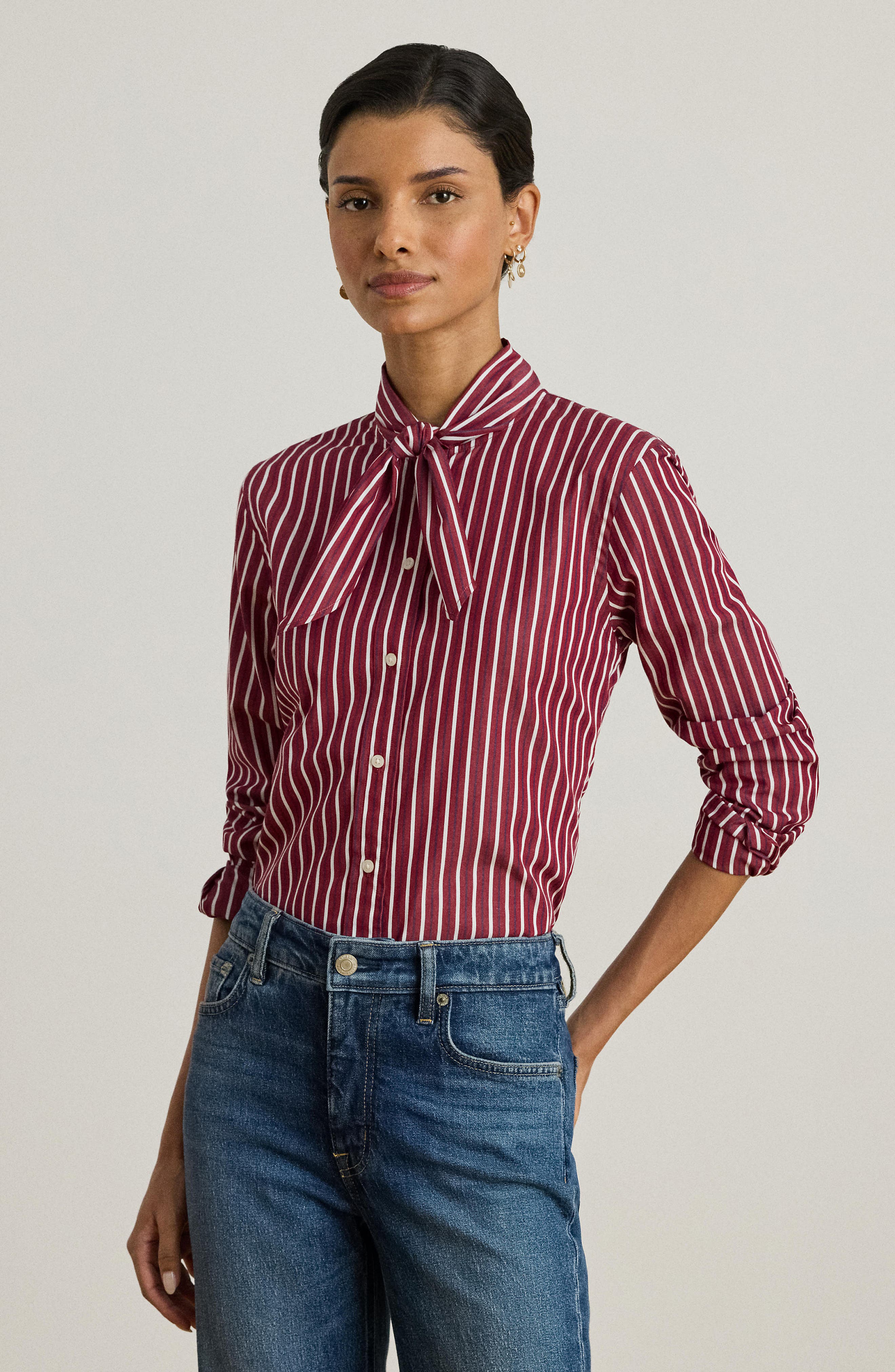 Stripe Cotton Tie Neck Button-Up Shirt - image 2