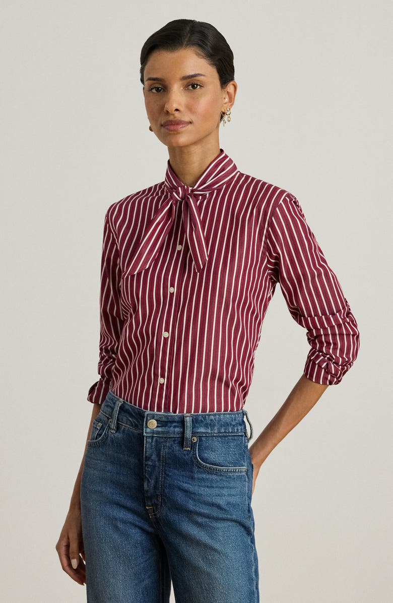 Lauren Ralph Lauren Stripe Cotton Tie Neck Button-Up Shirt, Alternate, color, Burgundy/ White Multi