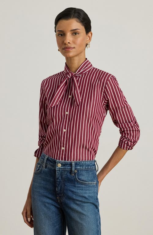 Ralph Lauren Women's Striped Broadcloth Tie-neck Shirt In Brown