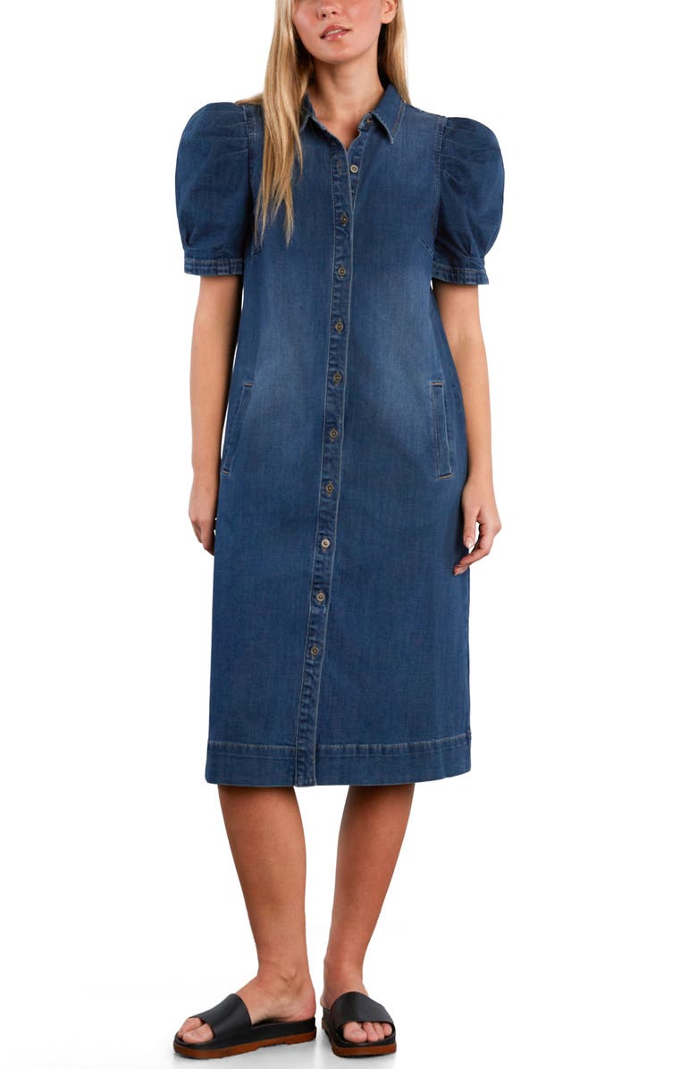 Wash Lab Denim Puff Sleeve Stretch Denim Midi Dress, Alternate, color, Subway Blue