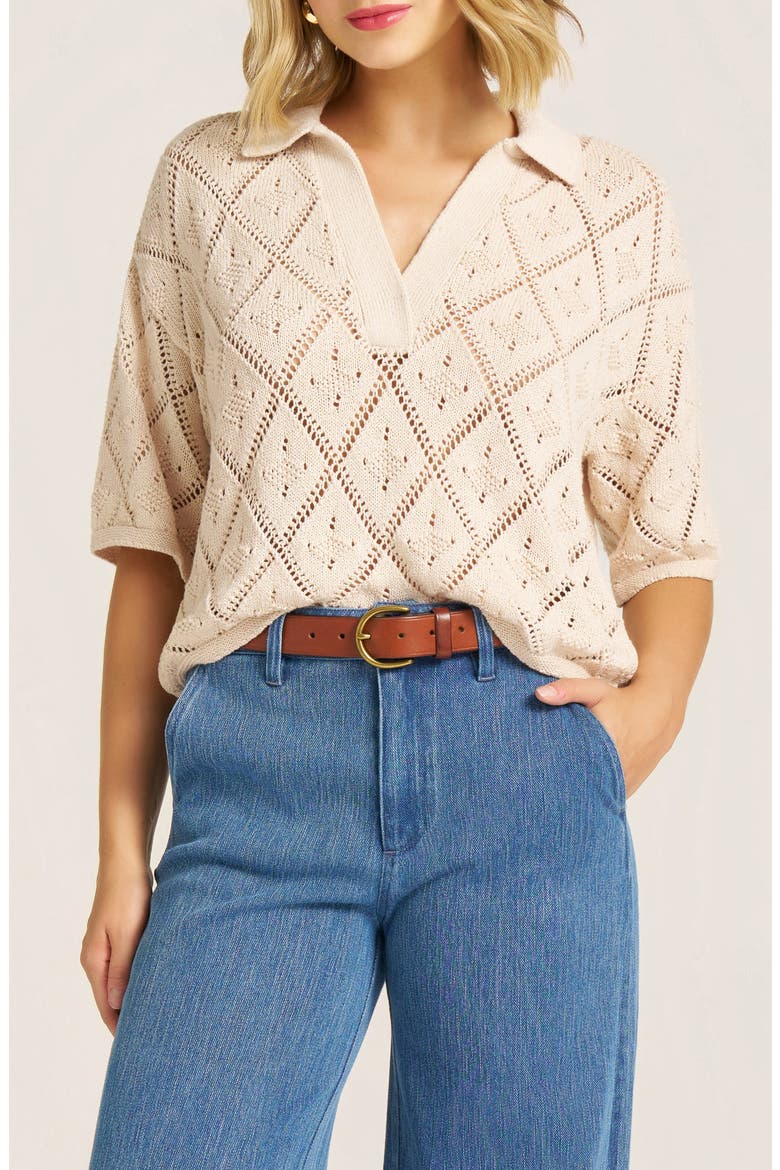 Jasmine Open Stitch Johnny Collar Sweater, Main, color, NATURAL