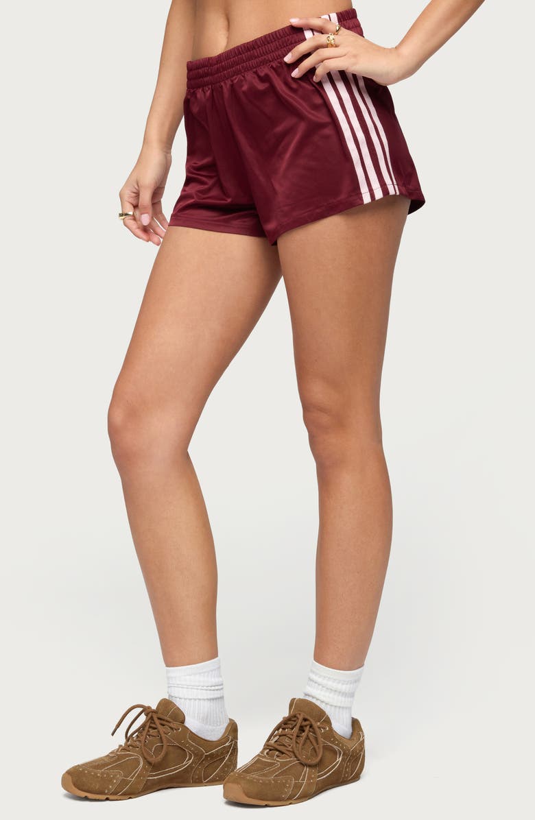 EDIKTED Nikki Side Stripe Shorts, Alternate, color, Wine