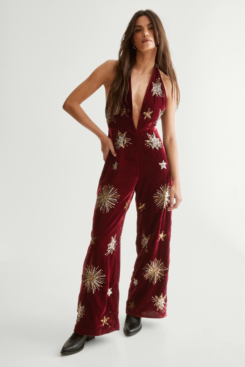 Star Embellished Velvet Halter Jumpsuit, Main, color, Wine
