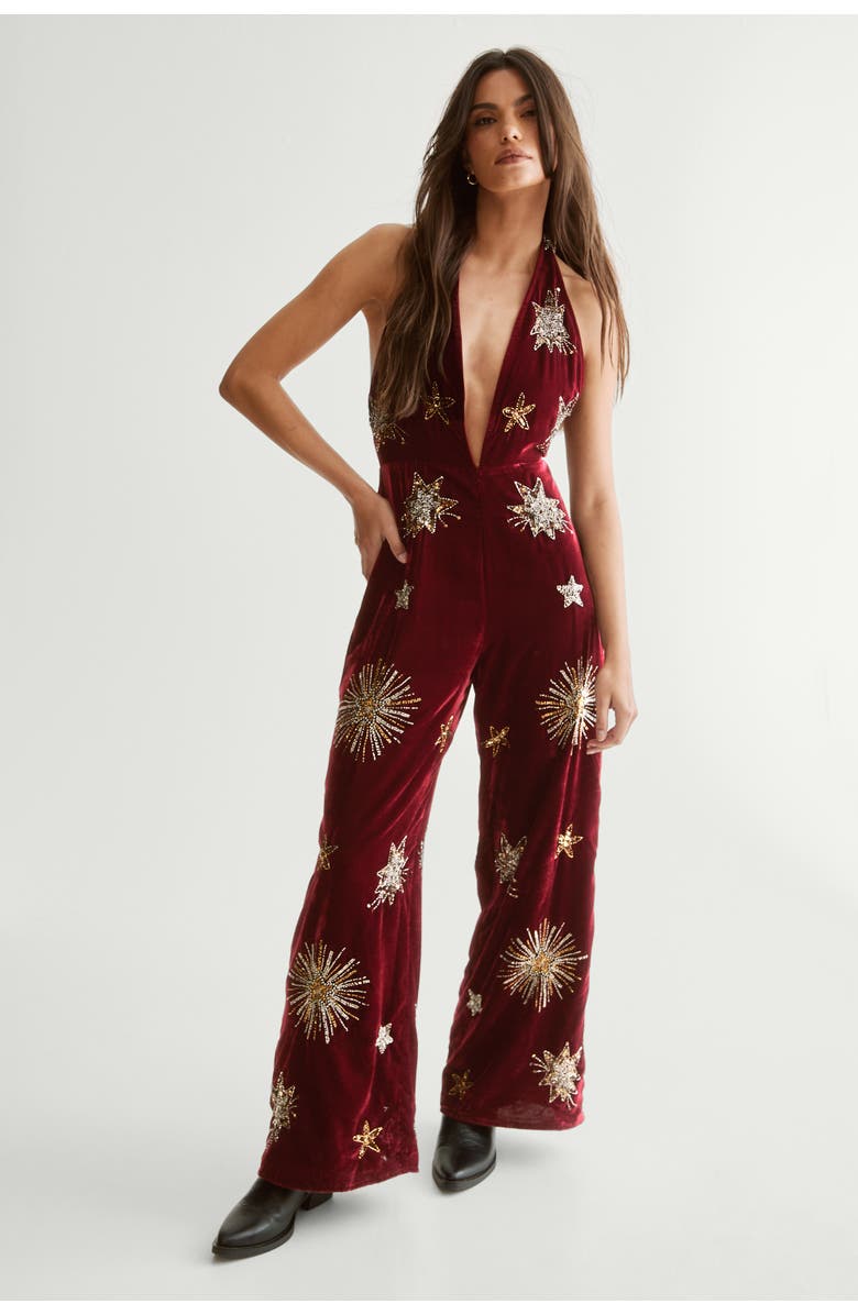 NASTY GAL Star Embellished Velvet Halter Jumpsuit, Main, color, Wine
