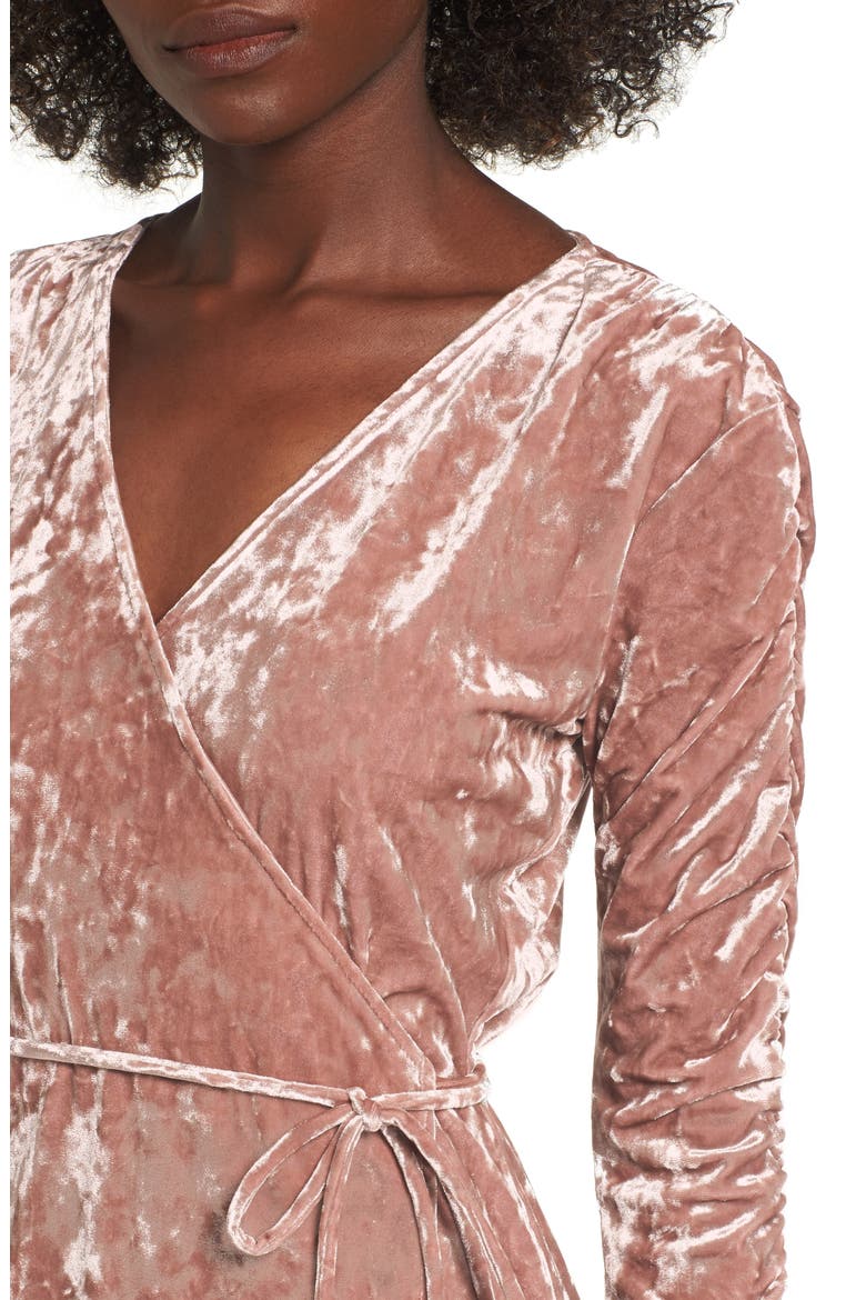 Ruched Velour Wrap Dress, Alternate, color, PINK ADOBE