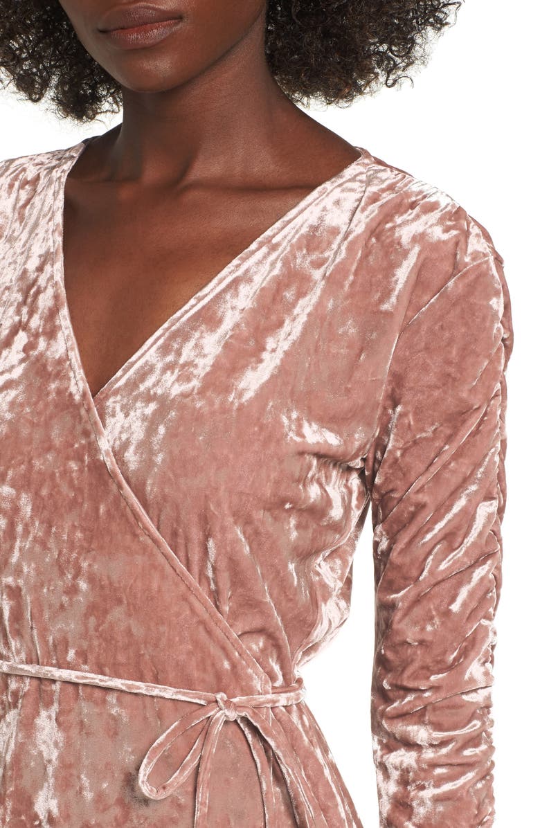 Leith Ruched Velour Wrap Dress, Alternate, color, 