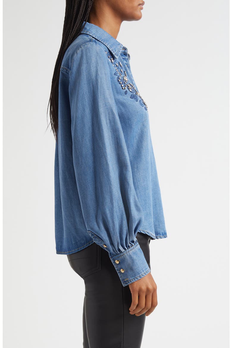 Rhinestone Detail Denim Button-Up Shirt, Alternate, color, CIEL
