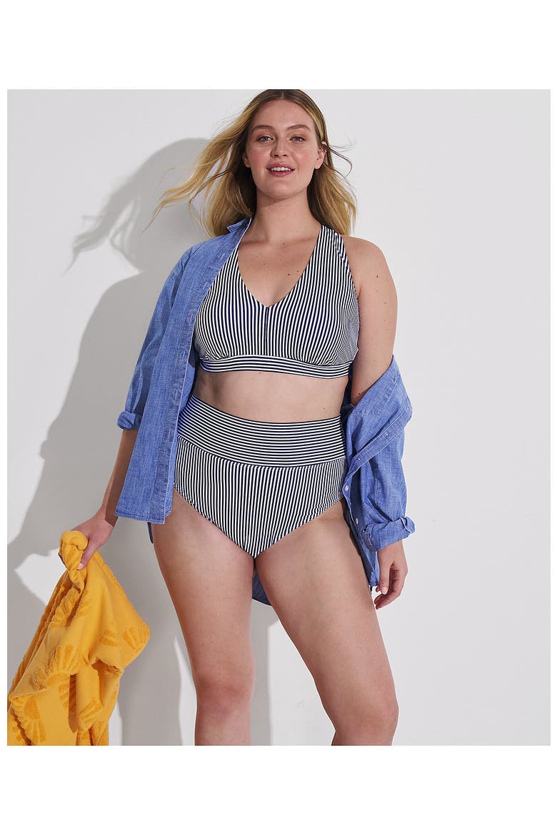 Plus Size V-Neck Bikini and High Waisted Bottom Swimsuit Set, Alternate, color, Deep Sea Navy Mini Stripe