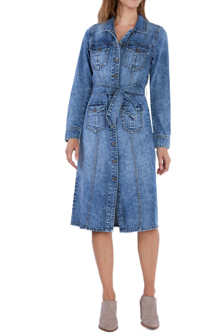 Mabel Retro Tie Belt Long Sleeve Denim Midi Shirtdress, Main, color, CLEAR BLUE