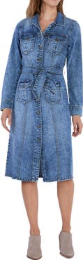 Wash Lab Denim Mabel Retro Tie Belt Long Sleeve Denim Midi Shirtdress