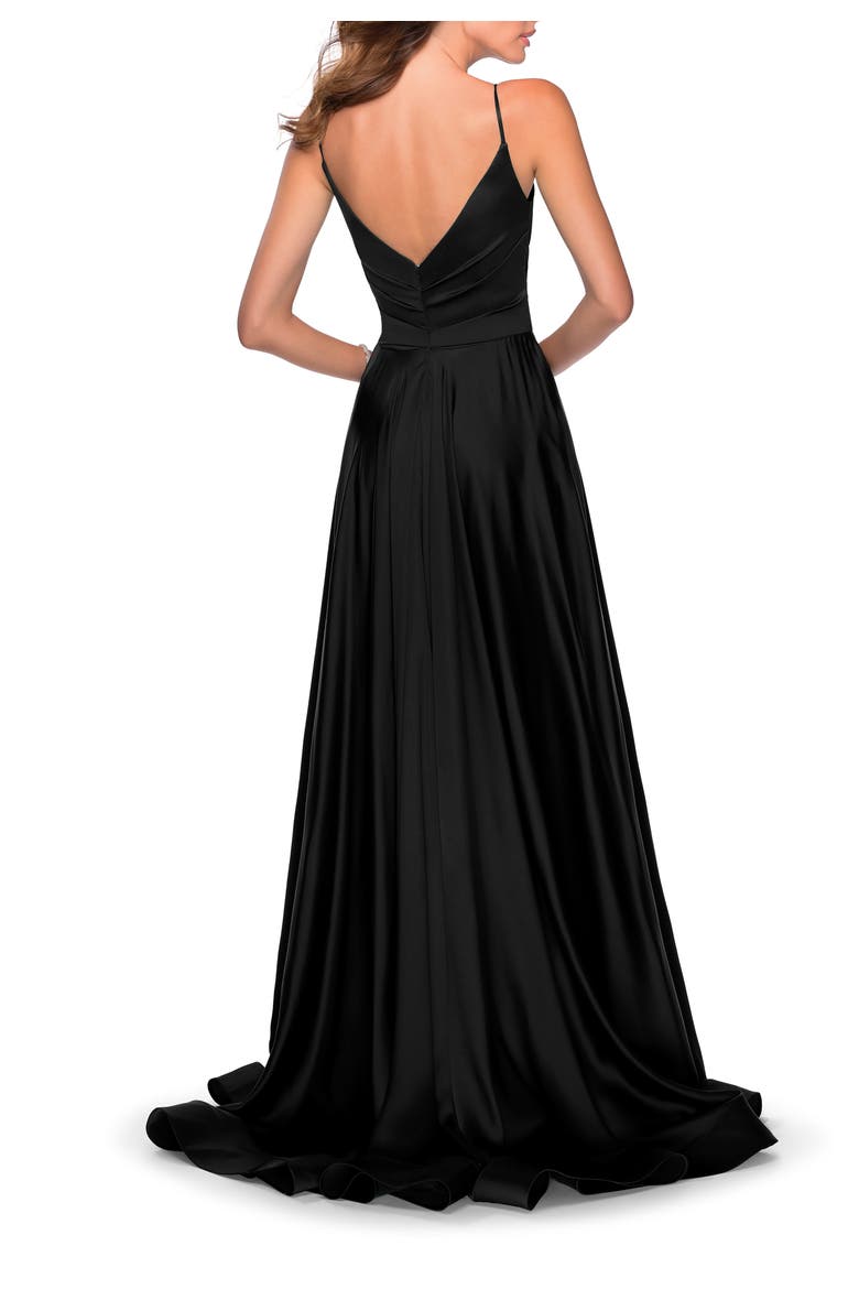 Long Satin Dress with Side Slit and V Shaped Back, Alternate, color, Black