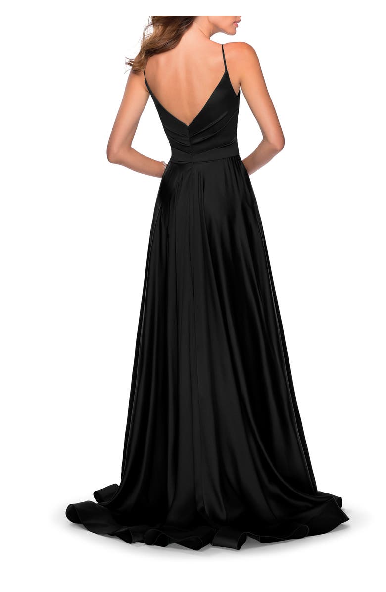 La Femme Long Satin Dress with Side Slit and V Shaped Back, Alternate, color, Black
