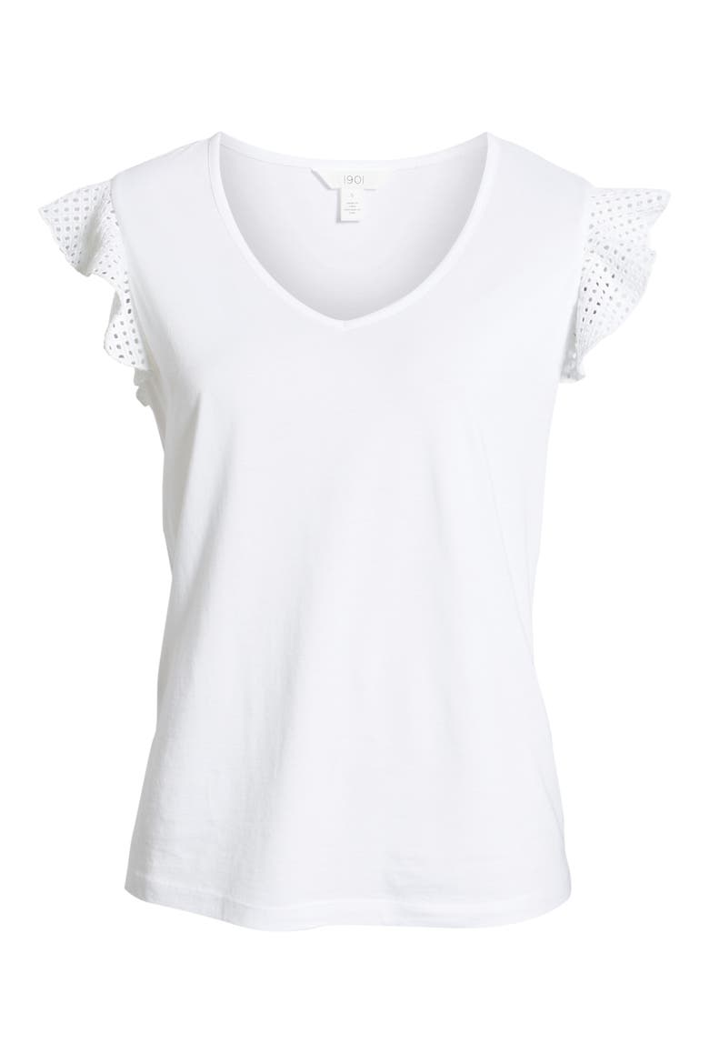 Ruffle Sleeve Cotton Blend Top, Alternate, color, WHITE