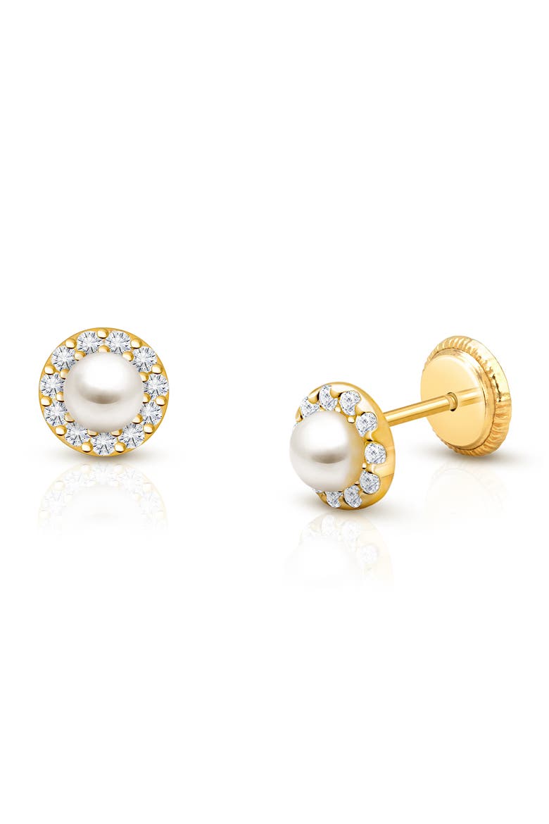 14K Gold Pearl Halo Studs Screw Back Earrings, Main, color, 14K Yellow Gold