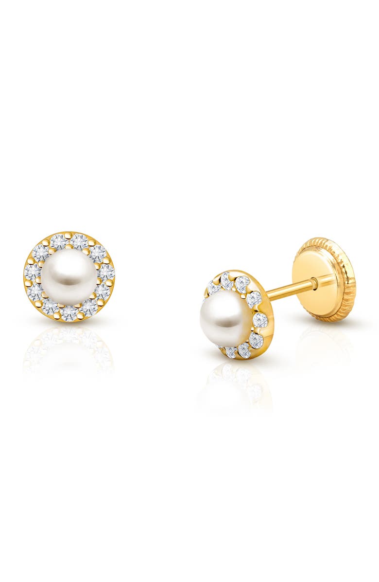 Tiny Blessings 14K Gold Pearl Halo Studs Screw Back Earrings, Main, color, 14K Yellow Gold