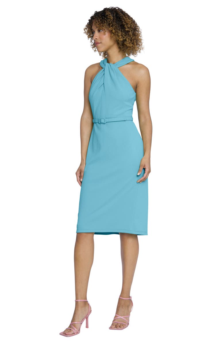 Maggy London Twist Neck Midi Sheath Dress, Alternate, color, Milky Blue
