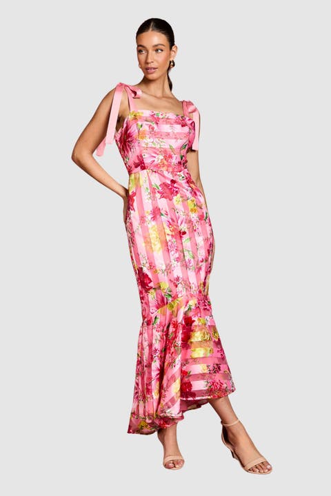 Printed Organza Bow Maxi Dress