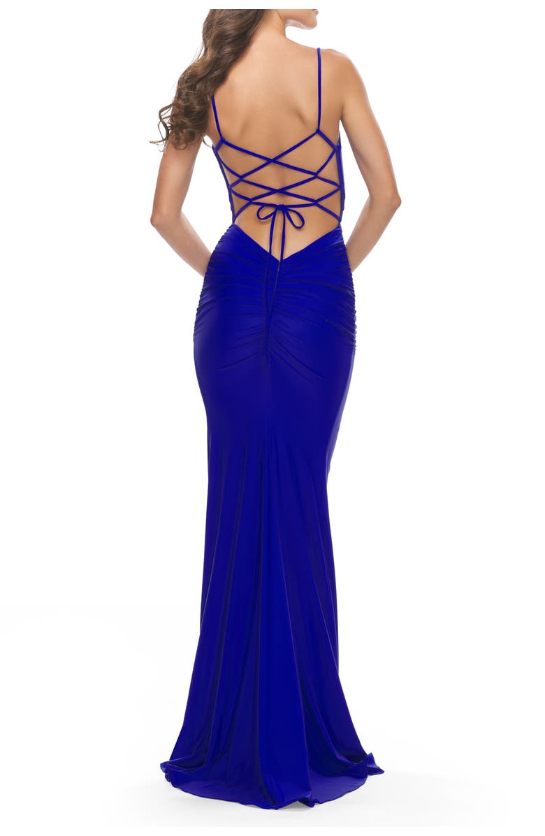La Femme Twist Front Cut Out Jersey Prom Dress, Alternate, color, Royal Blue