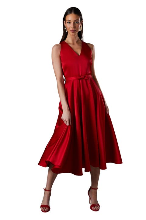 Bow Trim V-Neck Volume Skirt Midi Dress