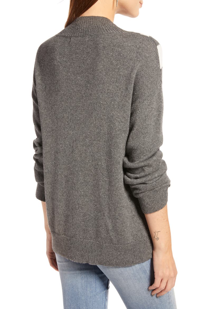Contrast V-Stripe Funnel Neck Sweater, Alternate, color, GREY DK HEATHER- IVORY COMBO