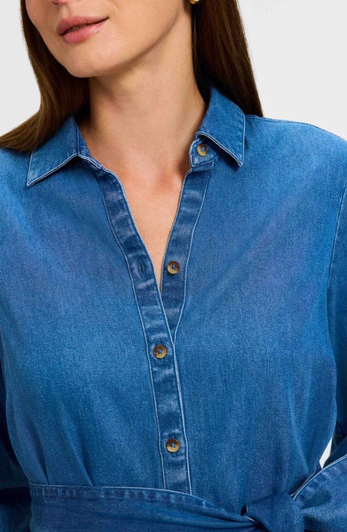 Foxcroft Ivy Long Sleeve Belted Denim Shirtdress In Medium Wash
