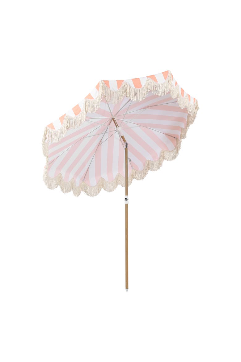 Mariner Coastal Round Outdoor Beach Umbrella with Fringe Trim, Push-Button Tilt, UV 50 Canopy and Wood-Finish Pole, Alternate, color, Coral Pink - Light Brown Pole