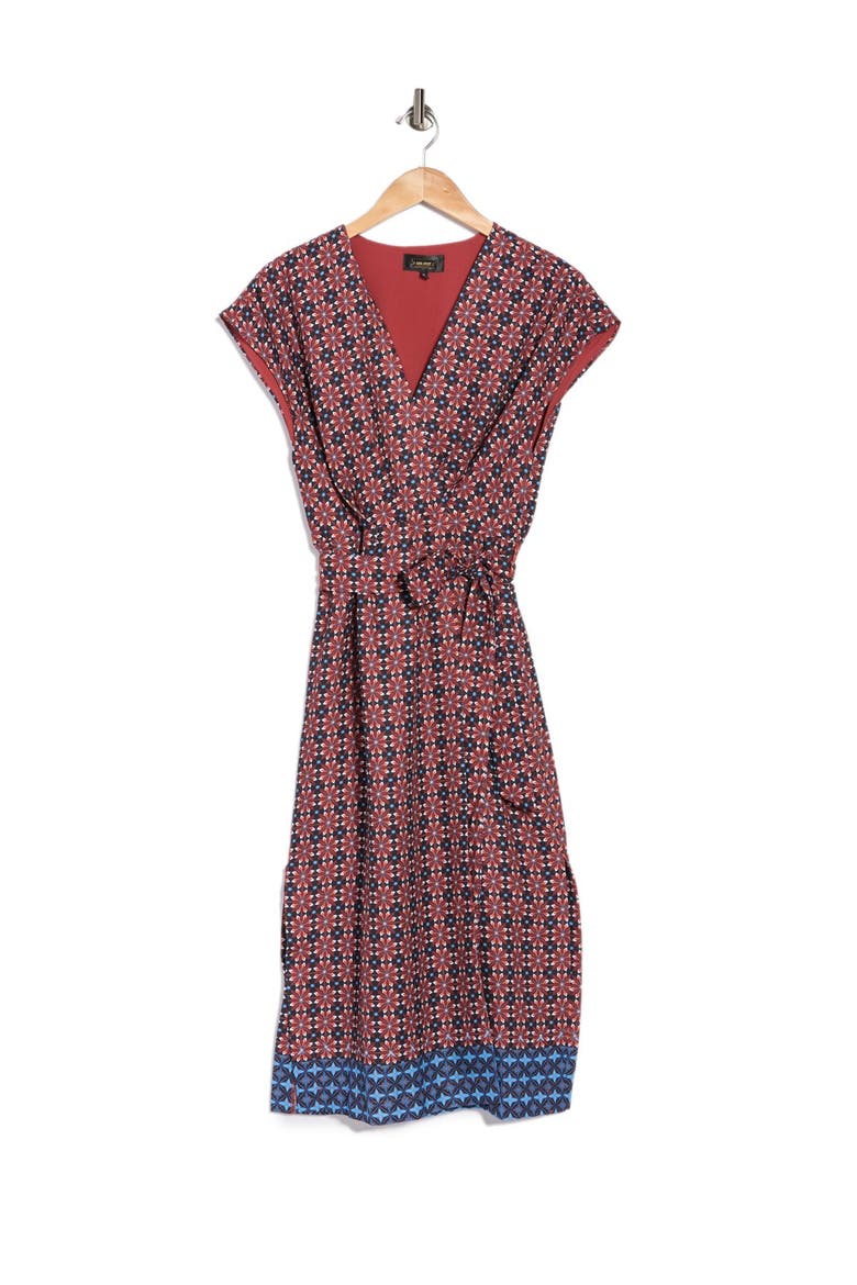 Iris Dropped Shoulder Wrap Midi Dress, Alternate, color, RUST GEO MULTI