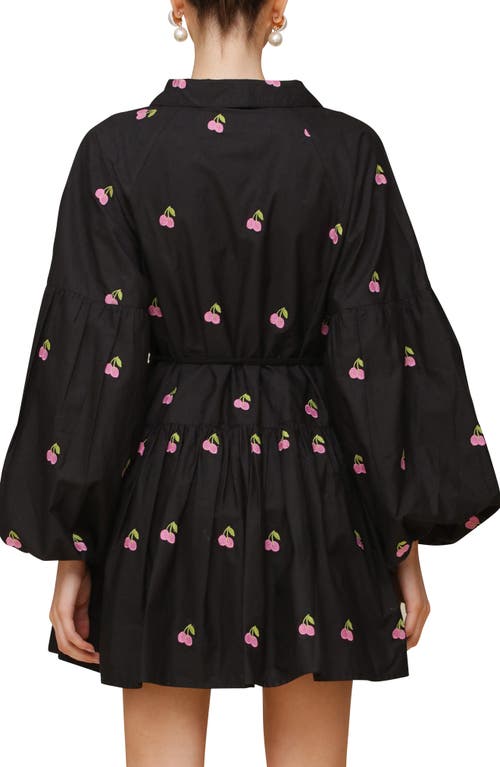 Avec Les Filles Embroidered Tie Waist Long Sleeve Minidress In Black