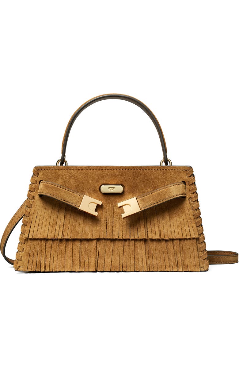 Tory Burch Petite Lee Radziwill Suede Fringe Double Bag, Main, color, Wild Tabacco