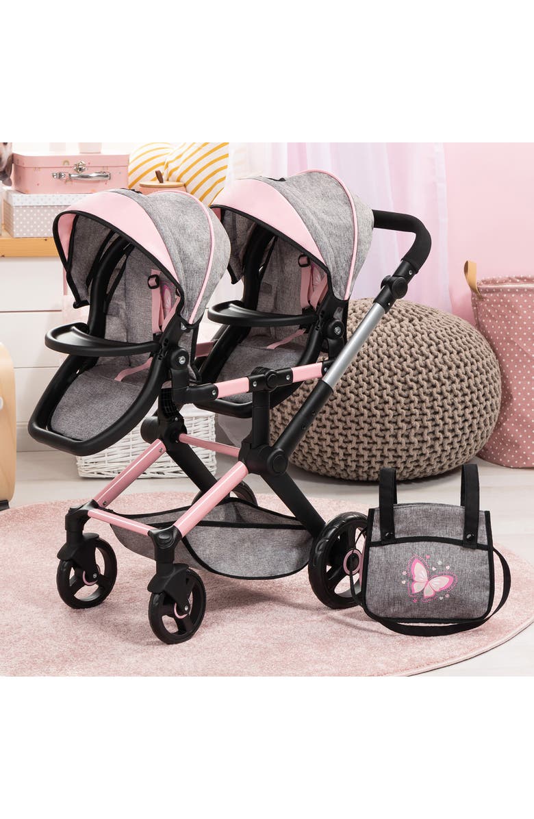 Bayer Design Xeo Twin Pram Butterfly Grey & Pink Matching Handbag, Dolls 20 Inches, Alternate, color, Multicolored