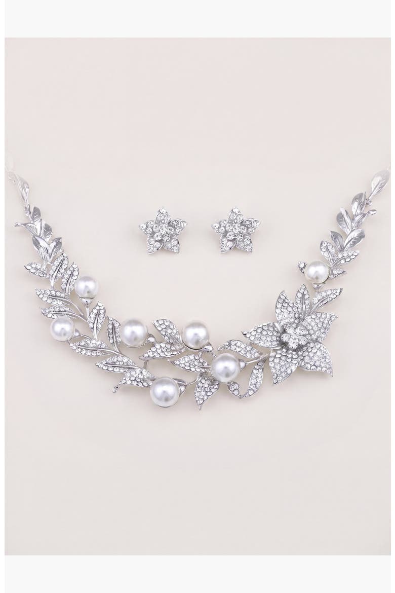 Pearl Crystal Sharp Petal Necklace and Earring Set, Main, color, Silver