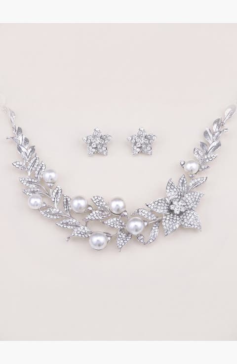 Pearl Crystal Sharp Petal Necklace and Earring Set