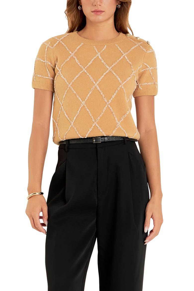 Diamond Pattern Short Sleeve Sweater, Alternate, color, CAMEL