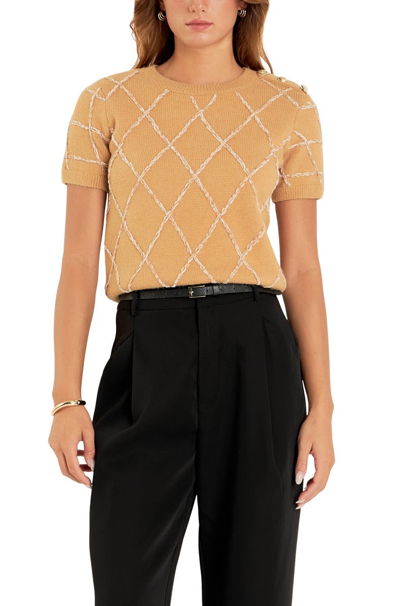 Endless Rose Diamond Pattern Short Sleeve Sweater, Alternate, color, Camel