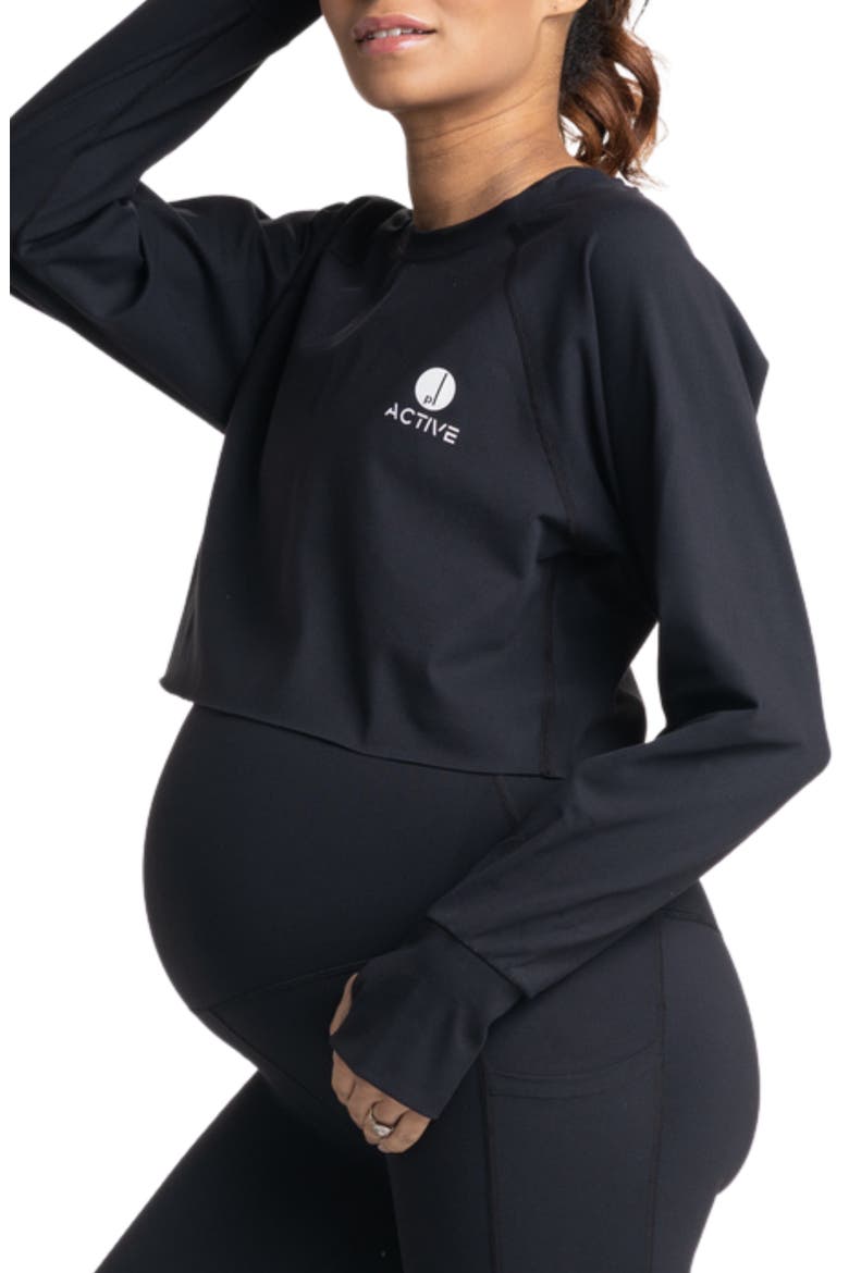 Sima Active Crop Long Sleeve Maternity Top, Main, color, BLACK
