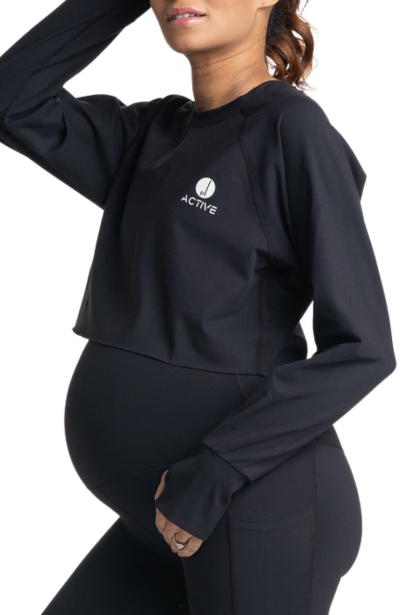 Preggo Leggings Sima Active Crop Long Sleeve Maternity Top, Main, color, Black