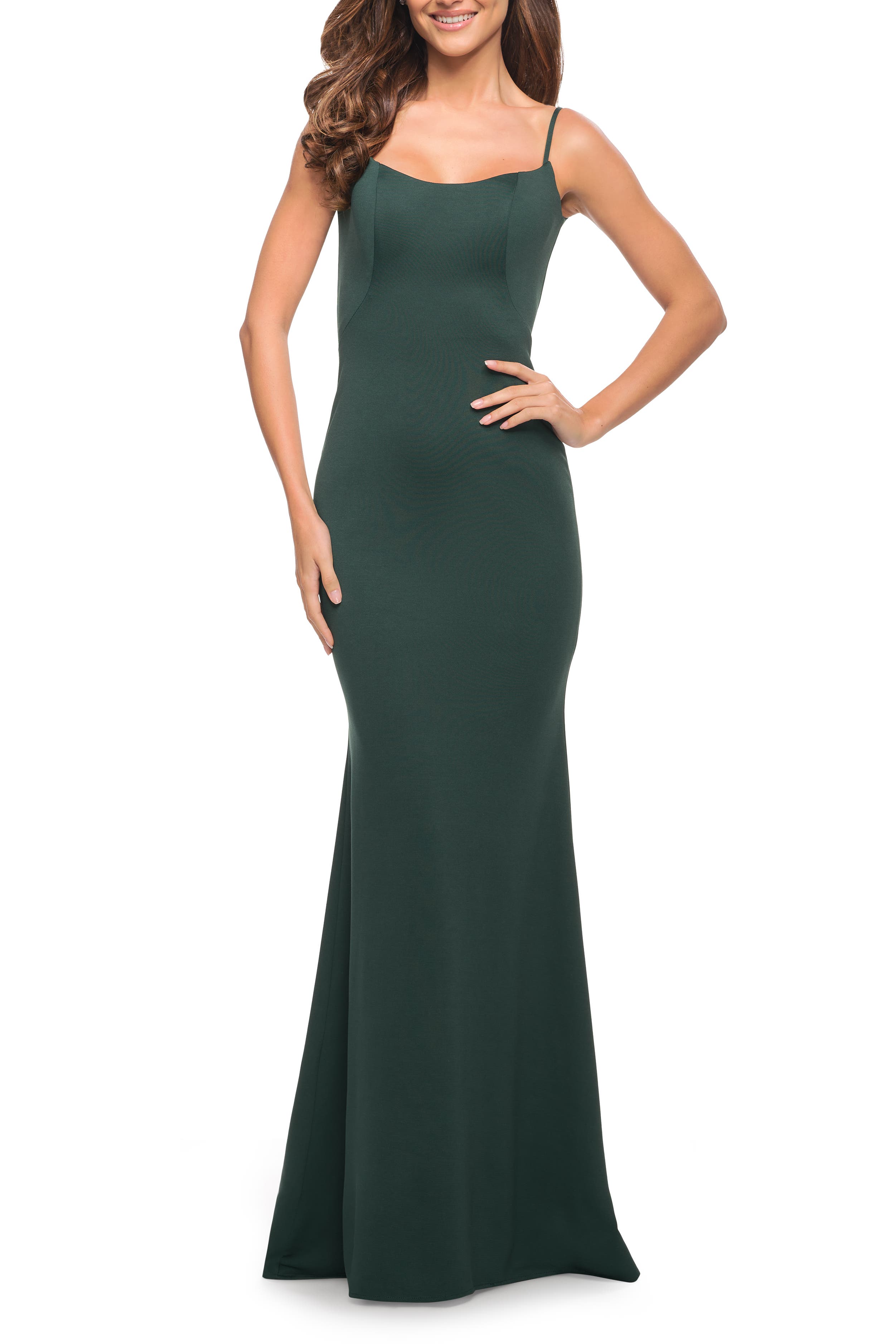 La Femme Simple Elegant Long Jersey Dress with Scoop Neck in Emerald 