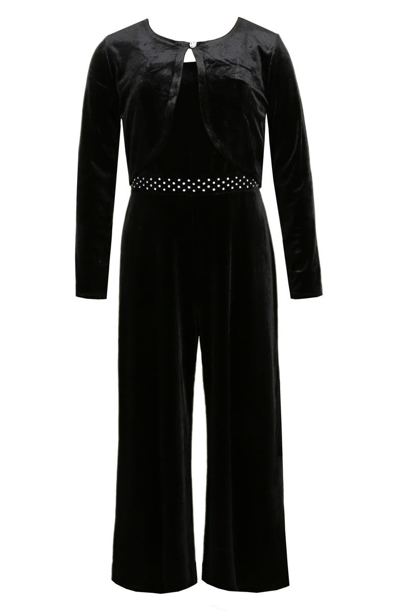 Zunie Kids' Velvet Jumpsuit & Shrug Set, Main, color, Black