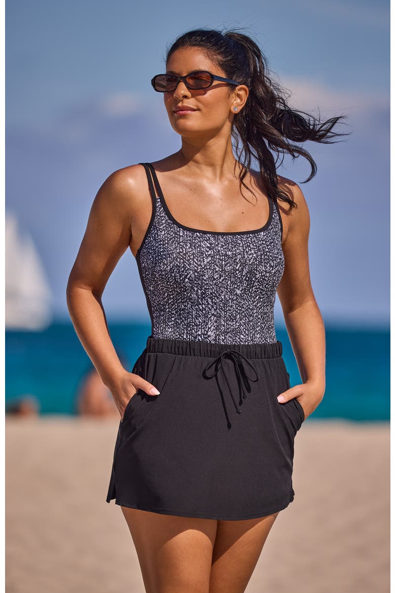Skirted Runaround Chlorine Resistant One-Piece Swimsuit, Alternate, color, Pixel Twilight