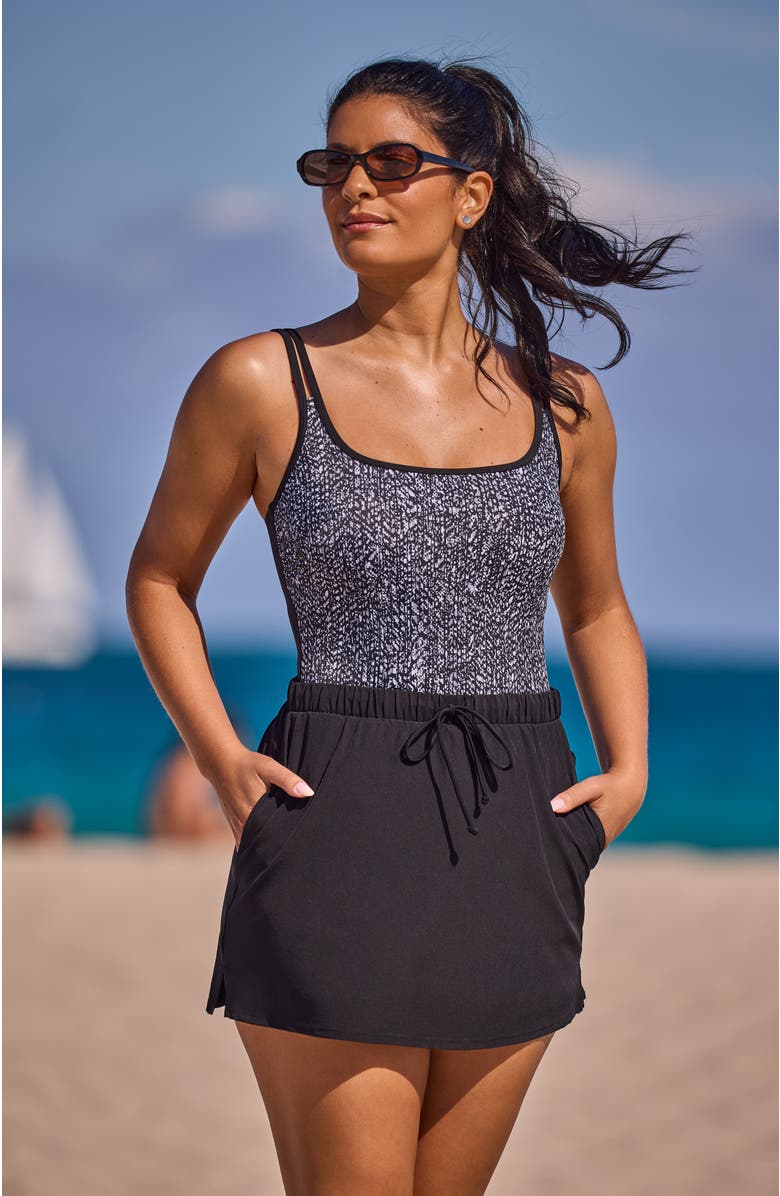 ShapeSolver Sport Skirted Runaround Chlorine Resistant One-Piece Swimsuit, Alternate, color, Pixel Twilight