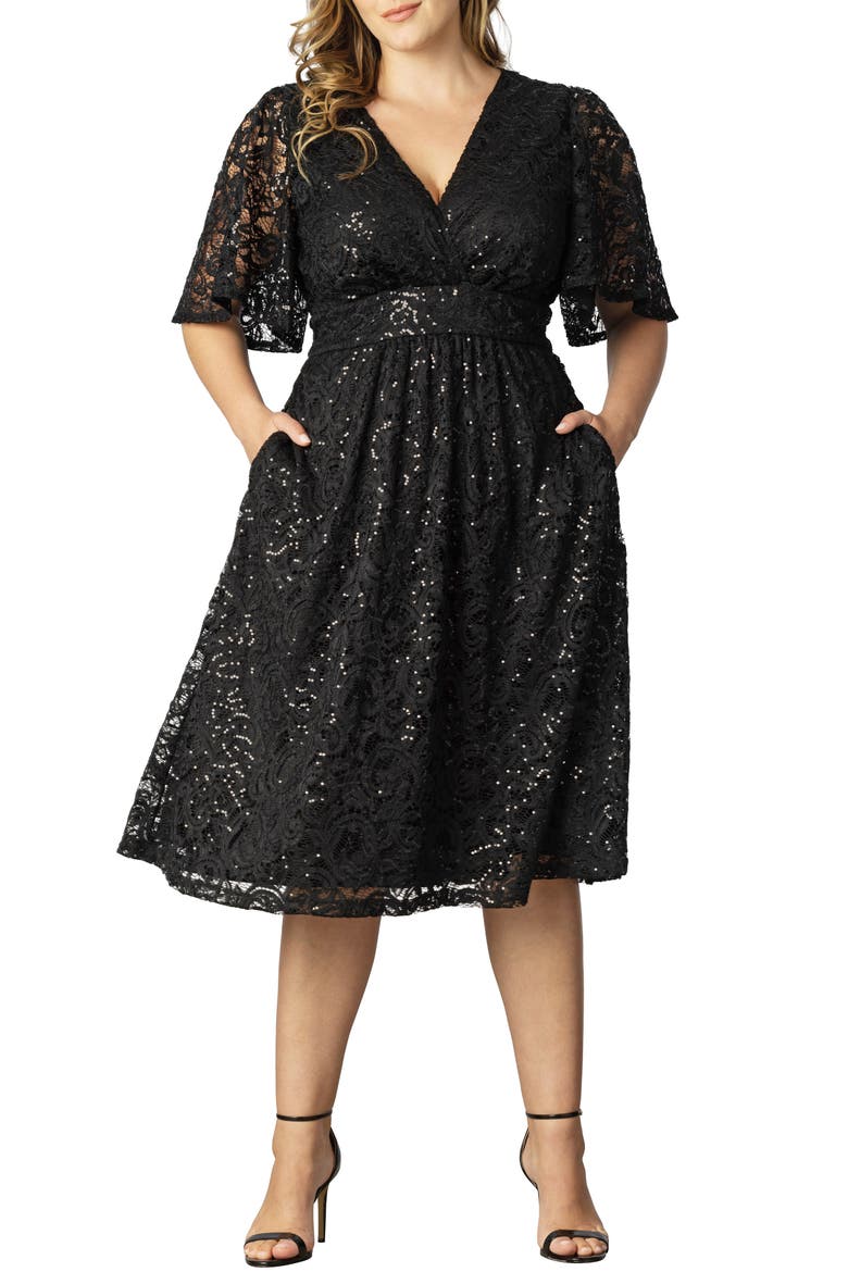 Starry Sequin Lace Fit & Flare Cocktail Dress, Main, color, ONYX